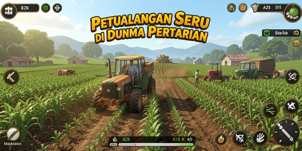 Screenshot gameplay 8ZK dengan ladang dan hewan peliharaan.