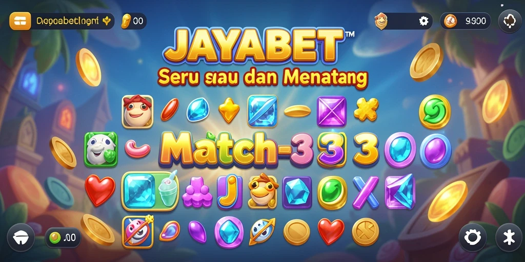 Screenshot JAYABET menampilkan gameplay seru Match-3 yang penuh warna.