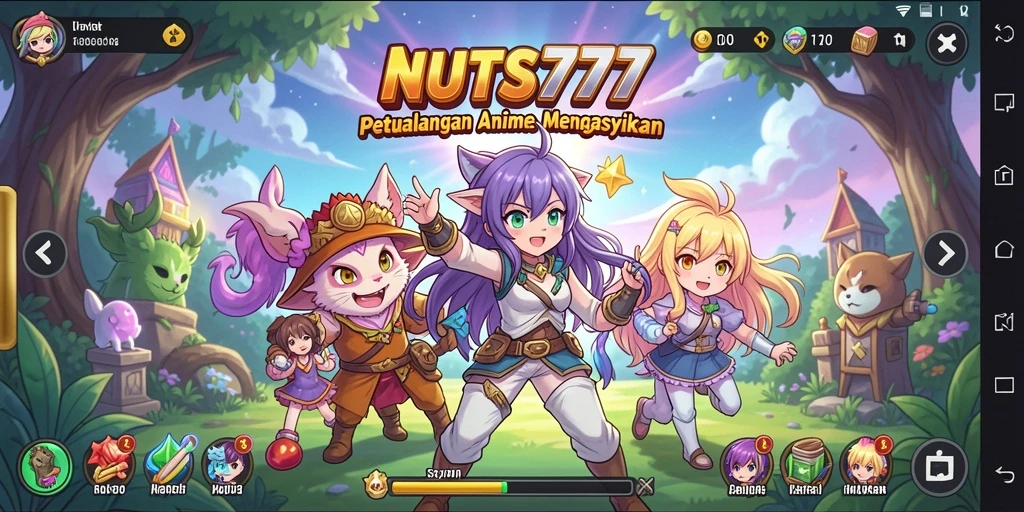 Tangkapan layar dari gameplay NUTS777 yang penuh aksi dan karakter anime.