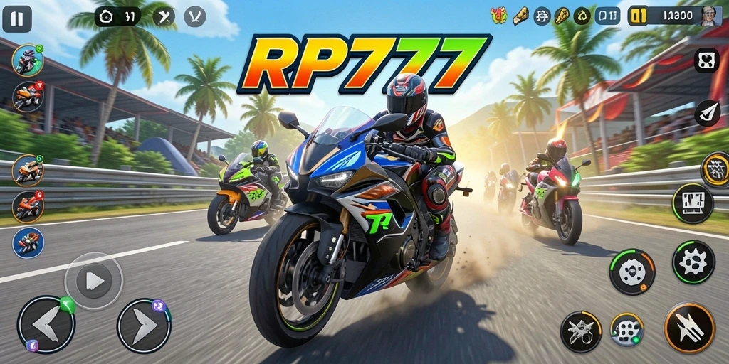Screenshot gameplay RP777 menampilkan aksi balapan motor yang mendebarkan.